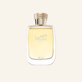 A rectangular glass fragrance bottle filled with pale yellow liquid, featuring a metallic gold cap and the brand name 'HAWAS' printed on the front, set against a solid off-white background.