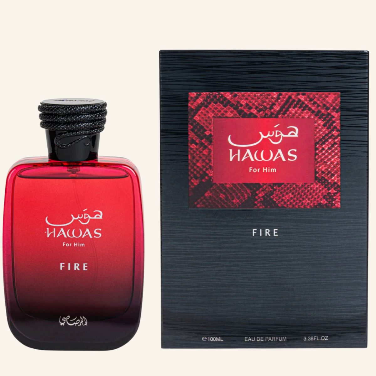 A bottle of Hawas For Him Eau De Parfum next to its packaging box. The bottle is a translucent red gradient with a black cap, and the box is dark textured black with a red patterned label.
