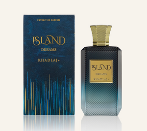 Khadlaj Island Dreams Extrait de Parfum 100ml with box, Dubai Oud background #f7f3ec