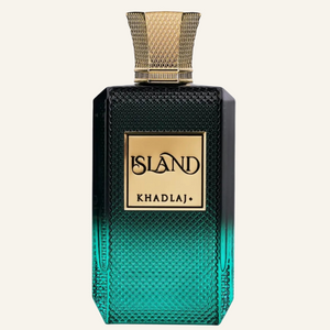 Khadlaj Island EDP 100ml bottle, Dubai Oud background #f7f3ec
