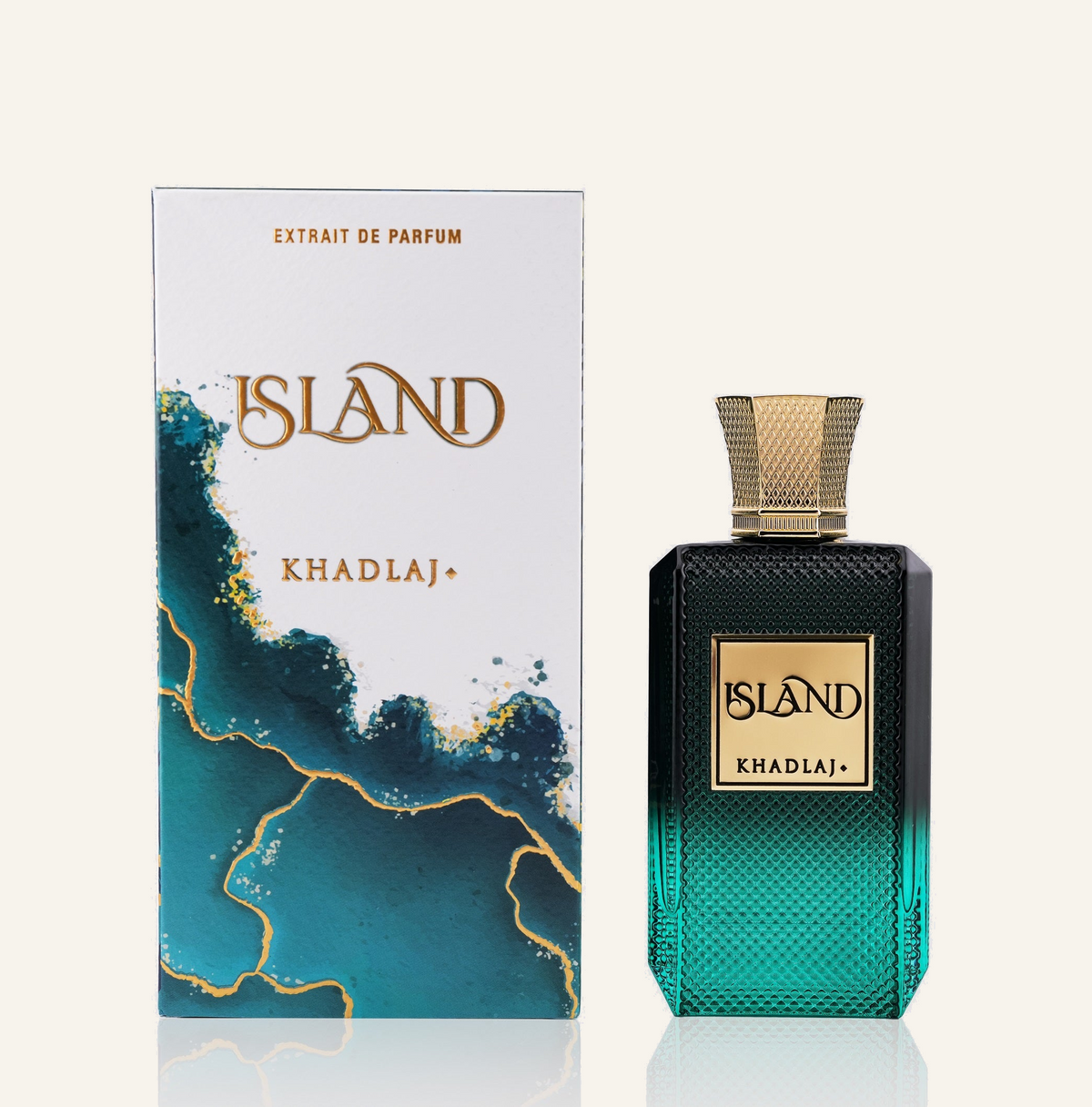 Khadlaj Island EDP 100ml with box, Dubai Oud background #f7f3ec