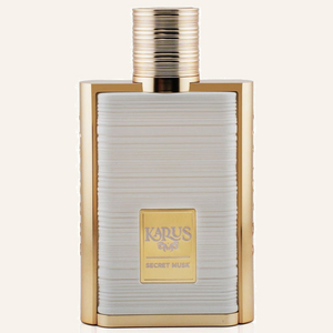 Khadlaj Karus Secret Musk EDP 100ml bottle, Dubai Oud background #f7f3ec