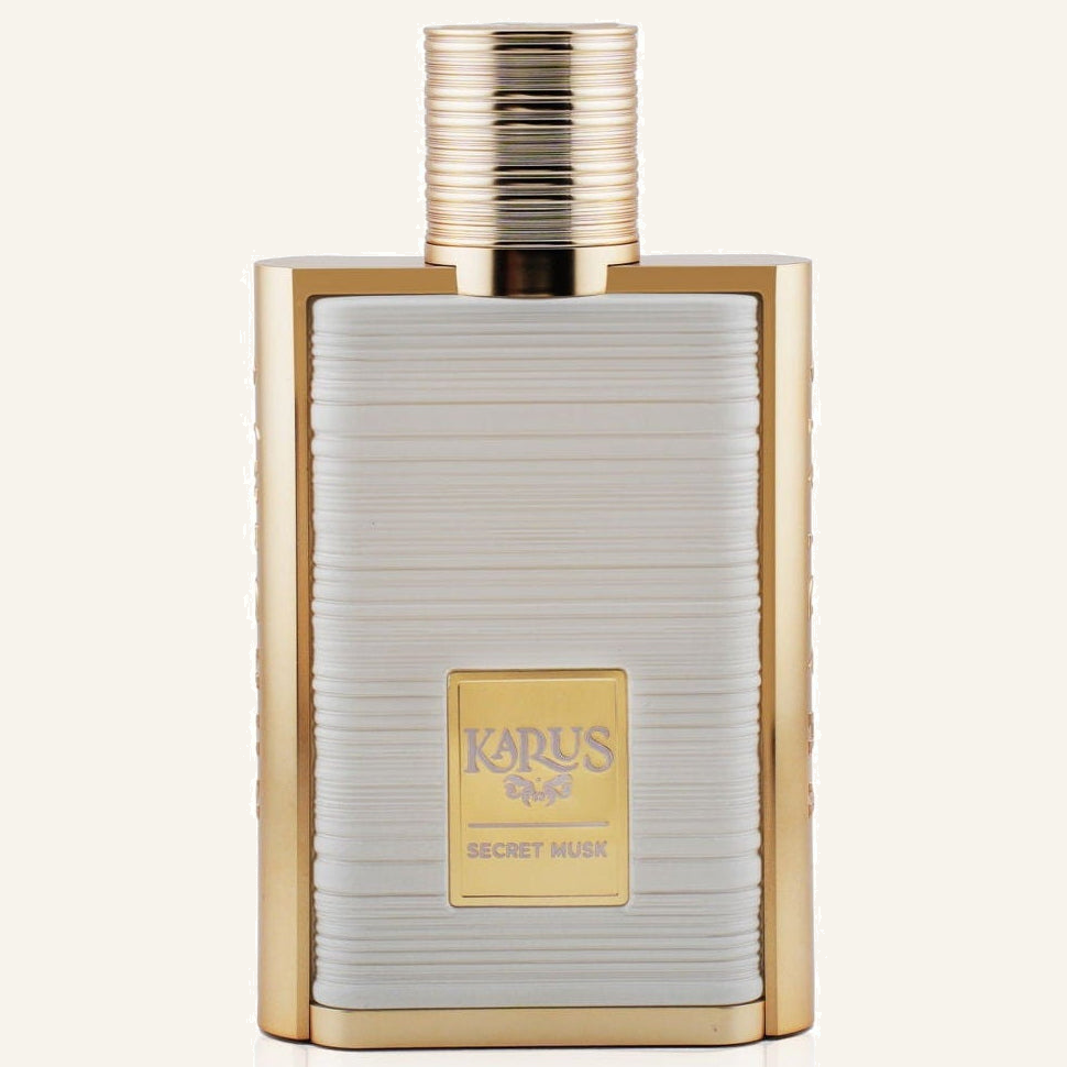 Khadlaj Karus Secret Musk EDP 100ml bottle, Dubai Oud background #f7f3ec
