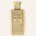 Khadlaj Island Sun Extrait de Parfum 100ml bottle, Dubai Oud background #f7f3ec