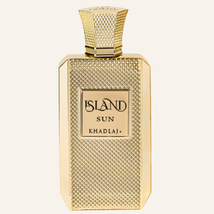 Khadlaj Island Sun Extrait de Parfum 100ml bottle, Dubai Oud background #f7f3ec
