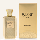 Khadlaj Island Sun Extrait de Parfum 100ml bottle and box, official Khadlaj product image, Dubai Oud background #f7f3ec