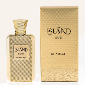 Khadlaj Island Sun Extrait de Parfum 100ml bottle and box, official Khadlaj product image, Dubai Oud background #f7f3ec