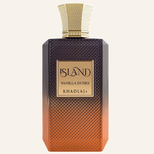 Khadlaj Island Vanilla Dunes Extrait de Parfum 100ml bottle, Dubai Oud background #f7f3ec