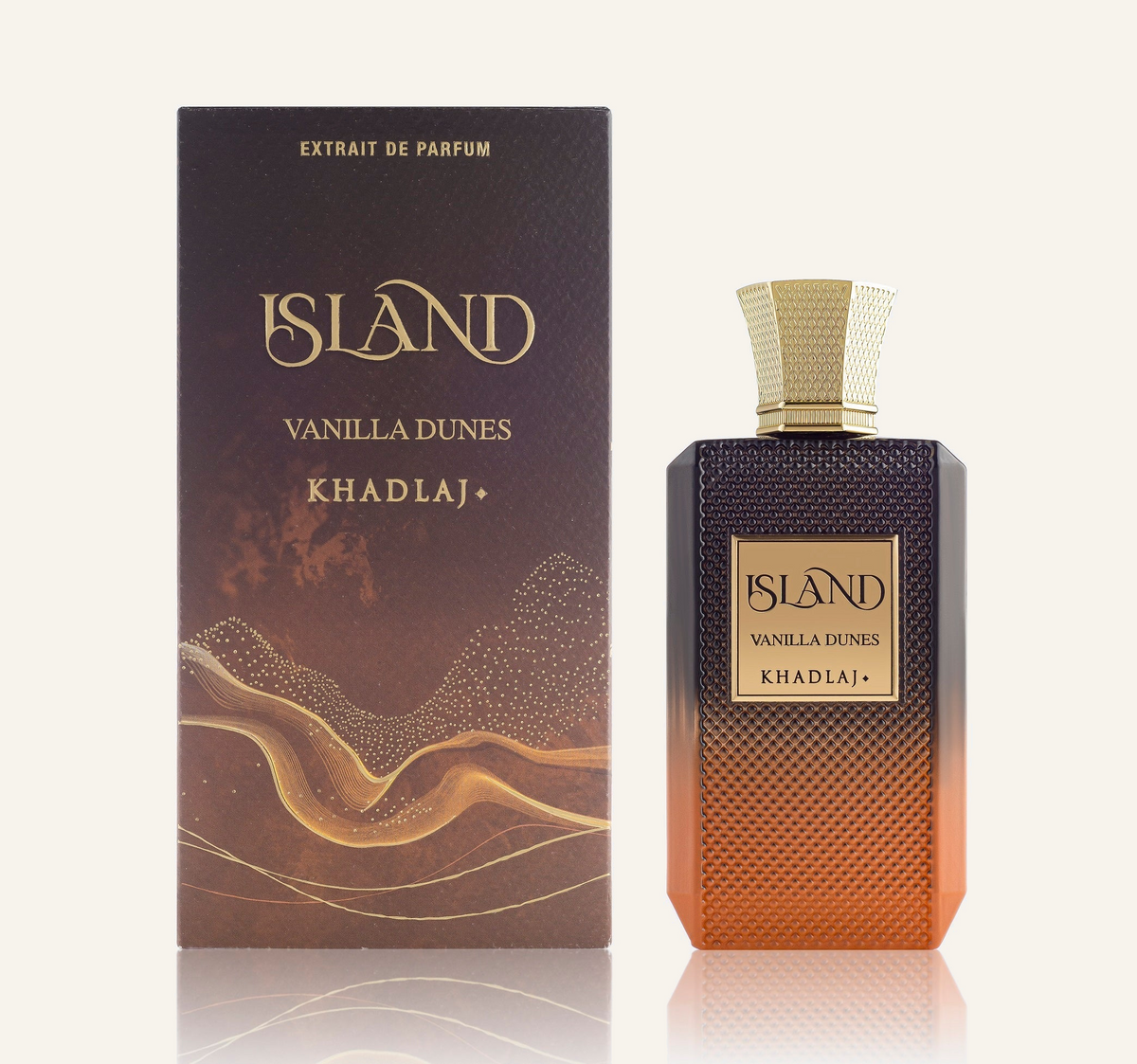 Khadlaj Island Vanilla Dunes Extrait de Parfum 100ml with box, Dubai Oud background #f7f3ec