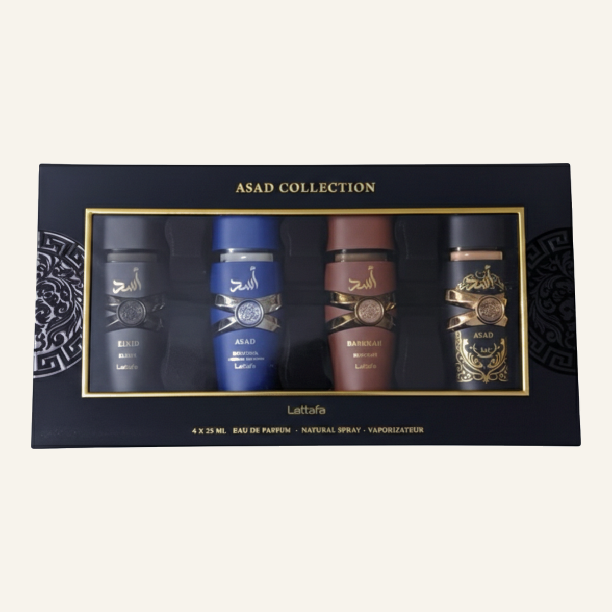 Lattafa Asad Collection 4x25ml Gift Set on cream background