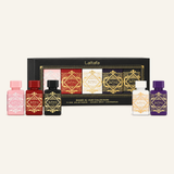 Lattafa Badee Al Oud Collection Mini Gift Set 5x5ml with upright bottles on cream background