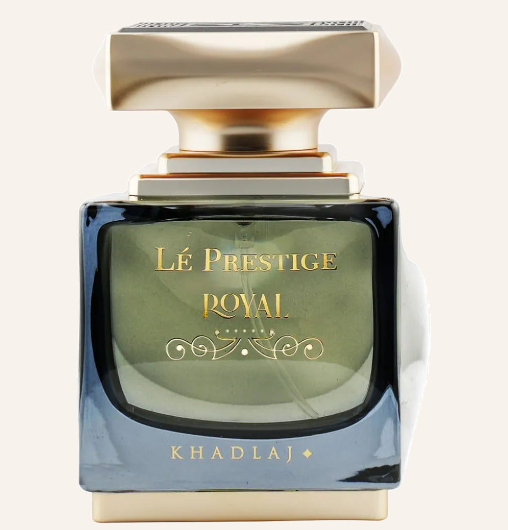 Khadlaj Le Prestige Royal EDP 100ml bottle, Dubai Oud background #f7f3ec