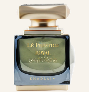 Khadlaj Le Prestige Royal EDP 100ml bottle, Dubai Oud background #f7f3ec
