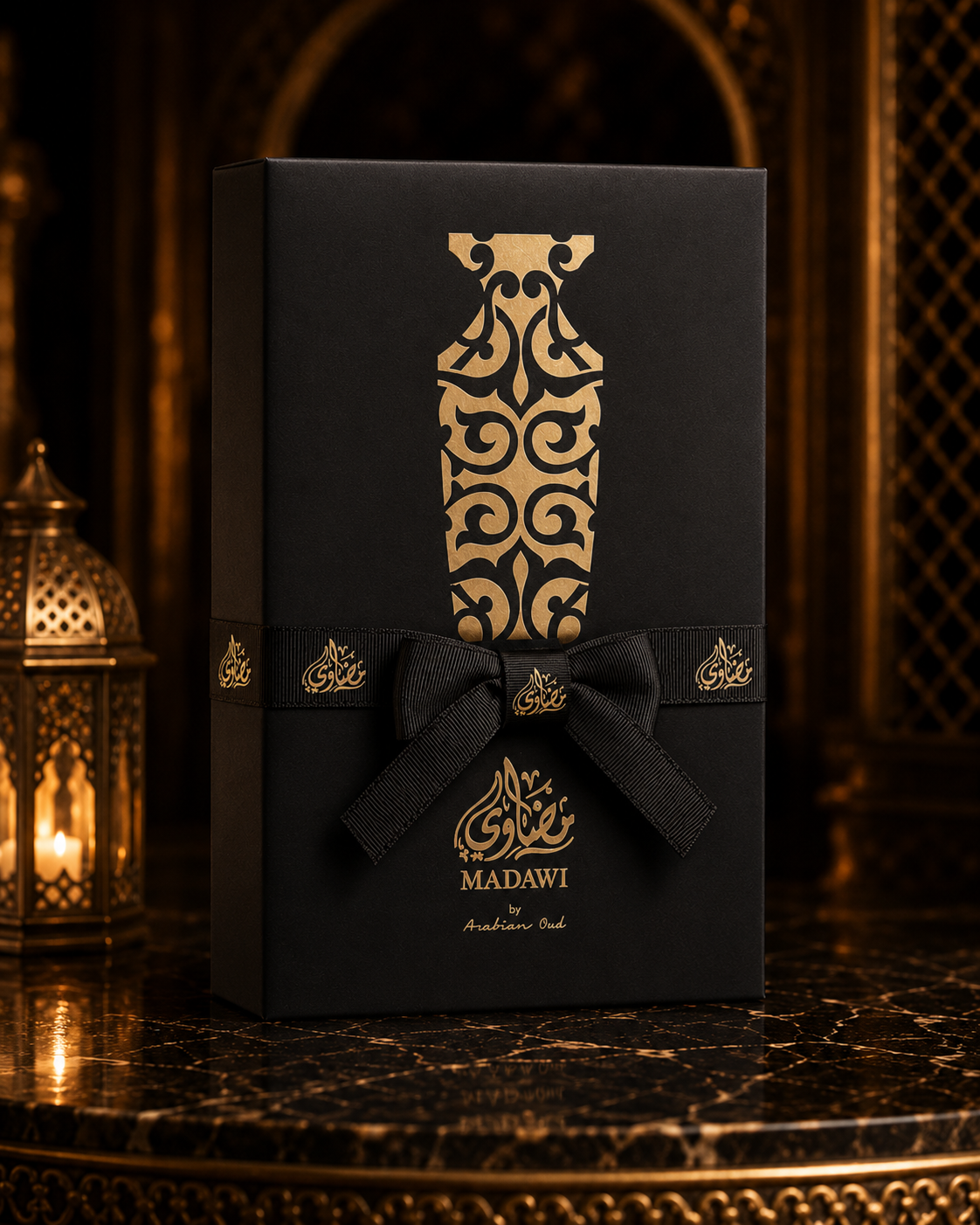 Black gift box with gold patterns and a bow, featuring the brand 'Madawi', on a dark background.