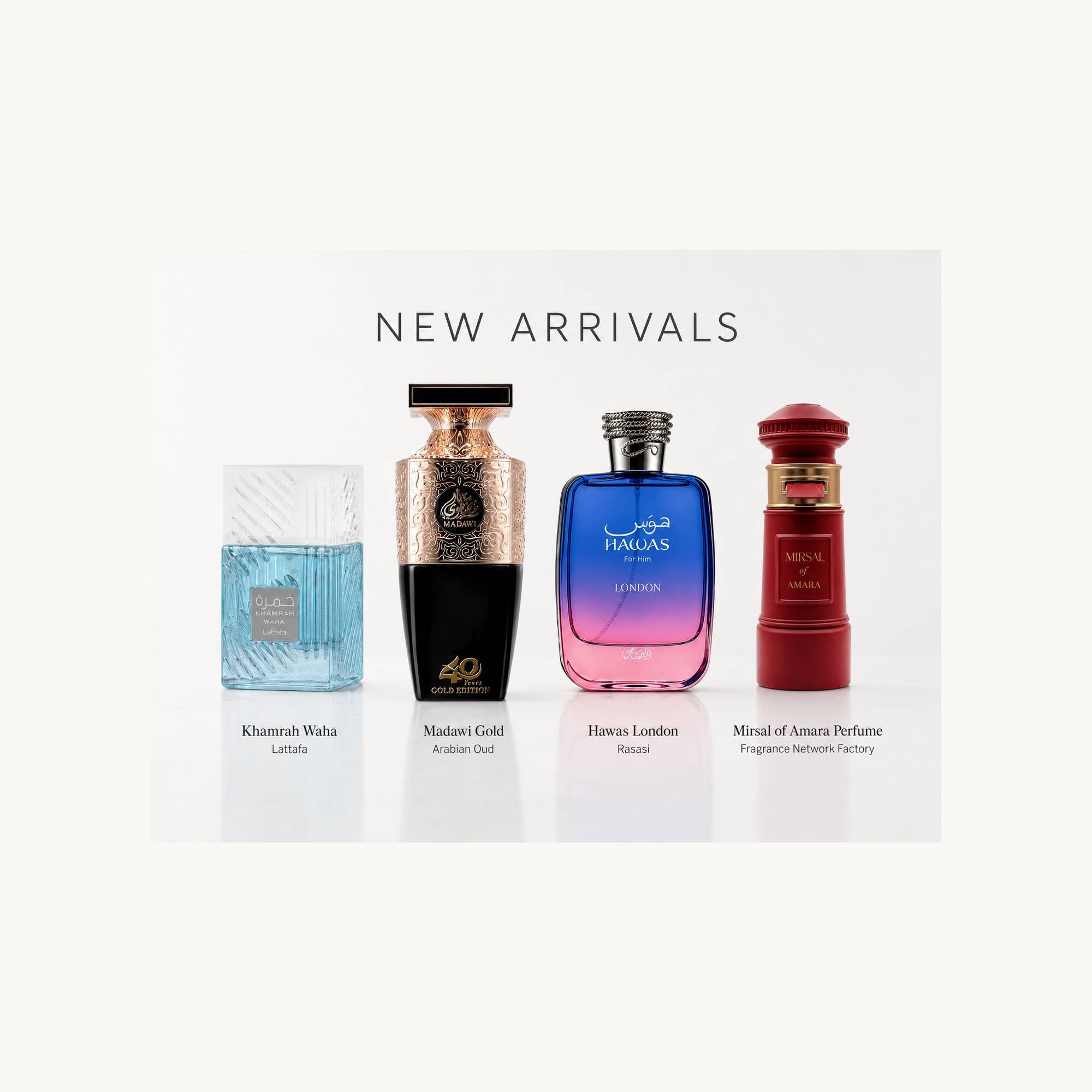 Four perfume bottles displayed under the heading 'NEW ARRIVALS' on a light gray background. The bottles include Khamsat al-Wahh, Matarzi Gold, Flamme London, and Miraval of Assia Perfume, each with its own distinct color and design.