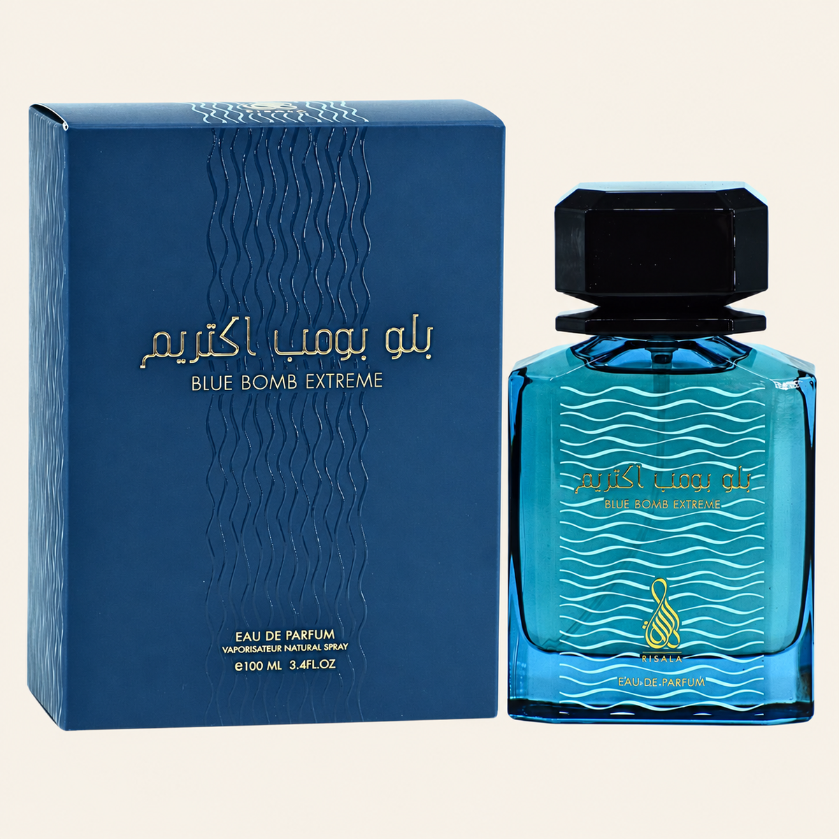 Risala Blue Bomb Extreme Eau de Parfum 100ml perfume bottle with original box on cream background