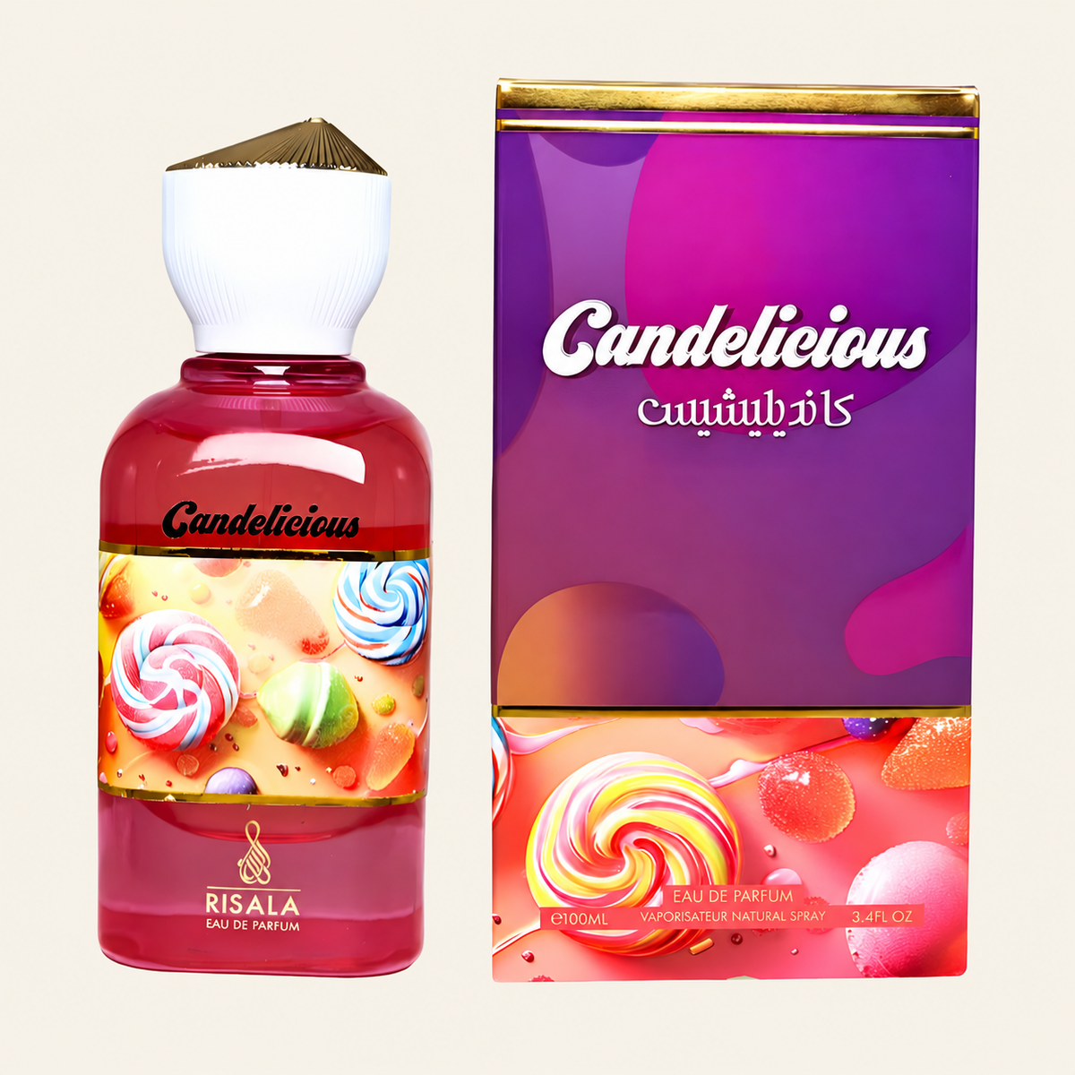 Risala Candelicious Eau de Parfum 100ml perfume bottle with original box on cream background