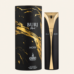 Risala Elite Burj Noir Eau de Parfum 100ml perfume bottle with original box on cream background