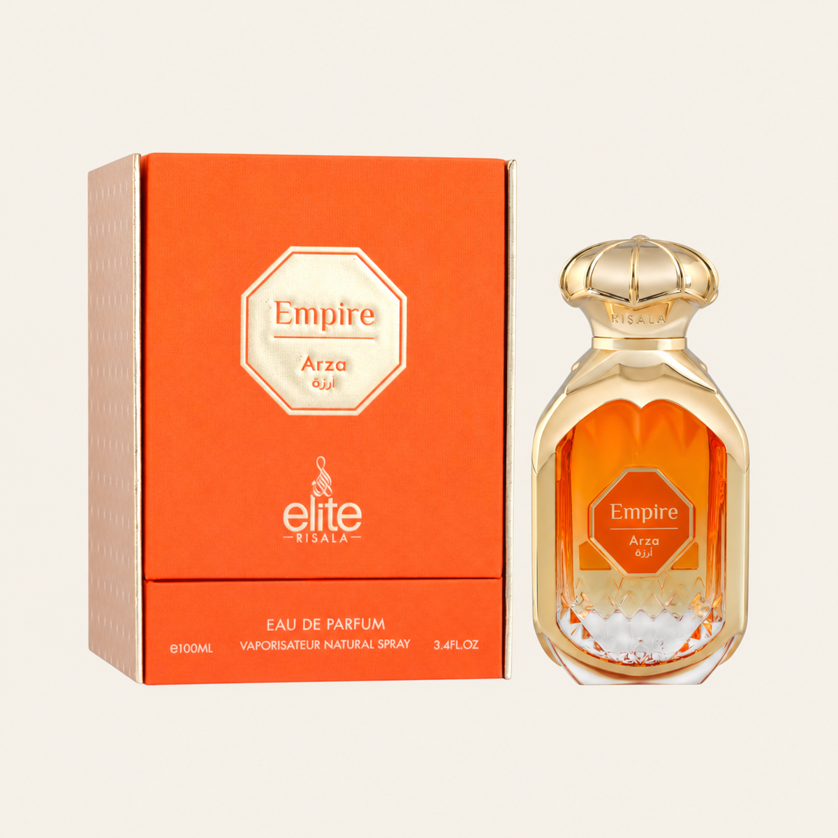 Risala Elite Empire Arza Eau de Parfum 100ml perfume bottle with original box on cream background