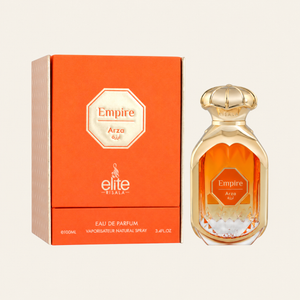 Risala Elite Empire Arza Eau de Parfum 100ml perfume bottle with original box on cream background