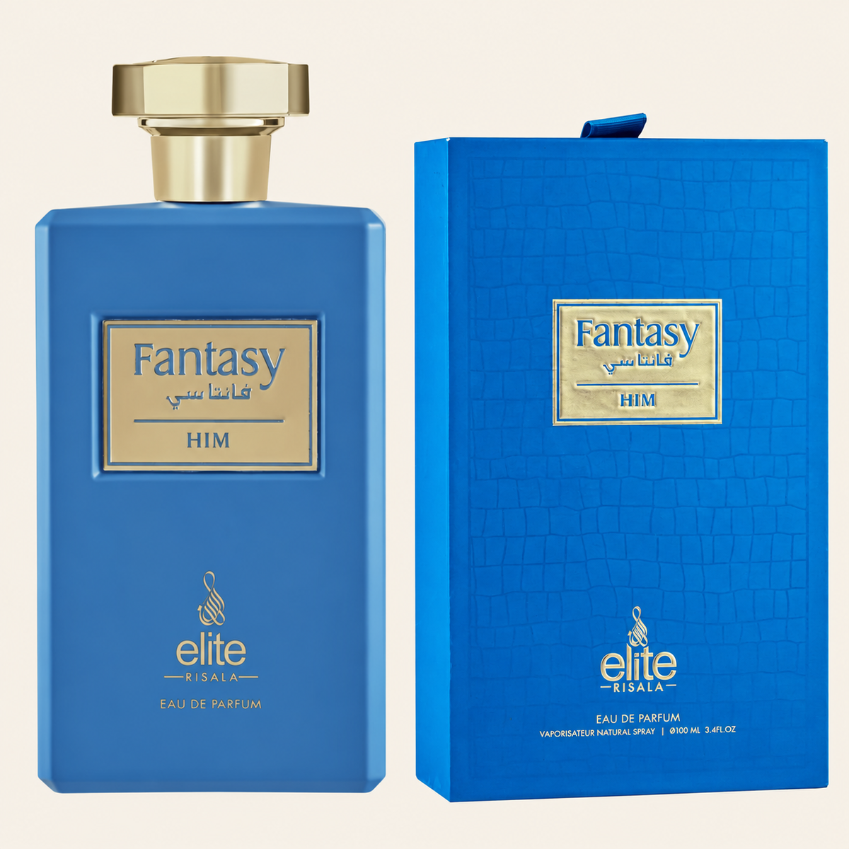 Risala Elite Fantasy Him Eau de Parfum 100ml perfume bottle with original box on cream background