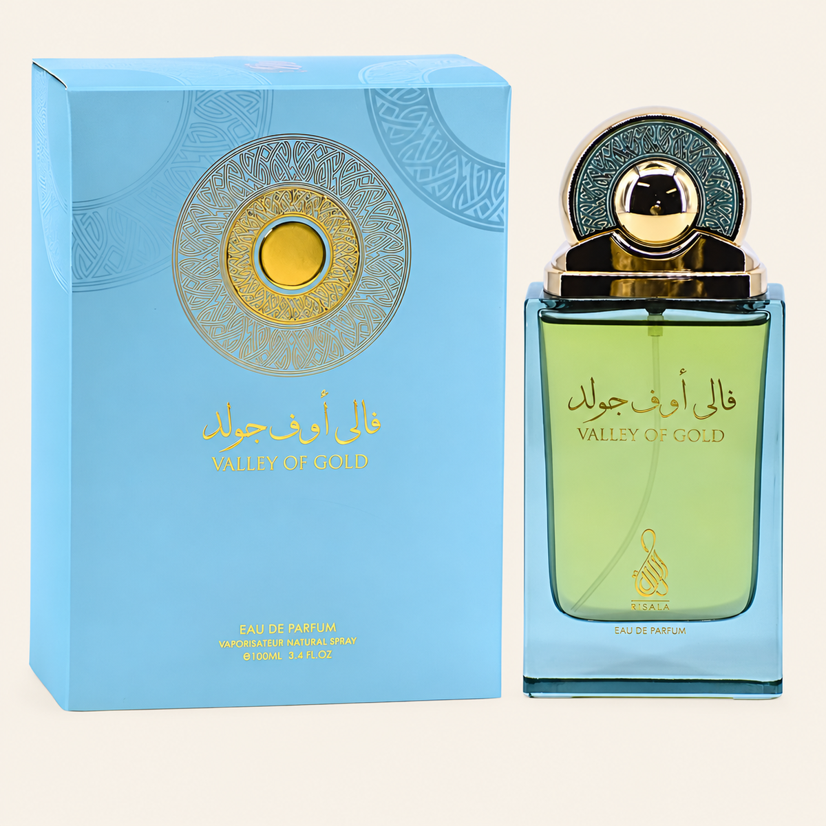 Risala Valley of Gold Eau de Parfum 100ml perfume bottle with original box on cream background