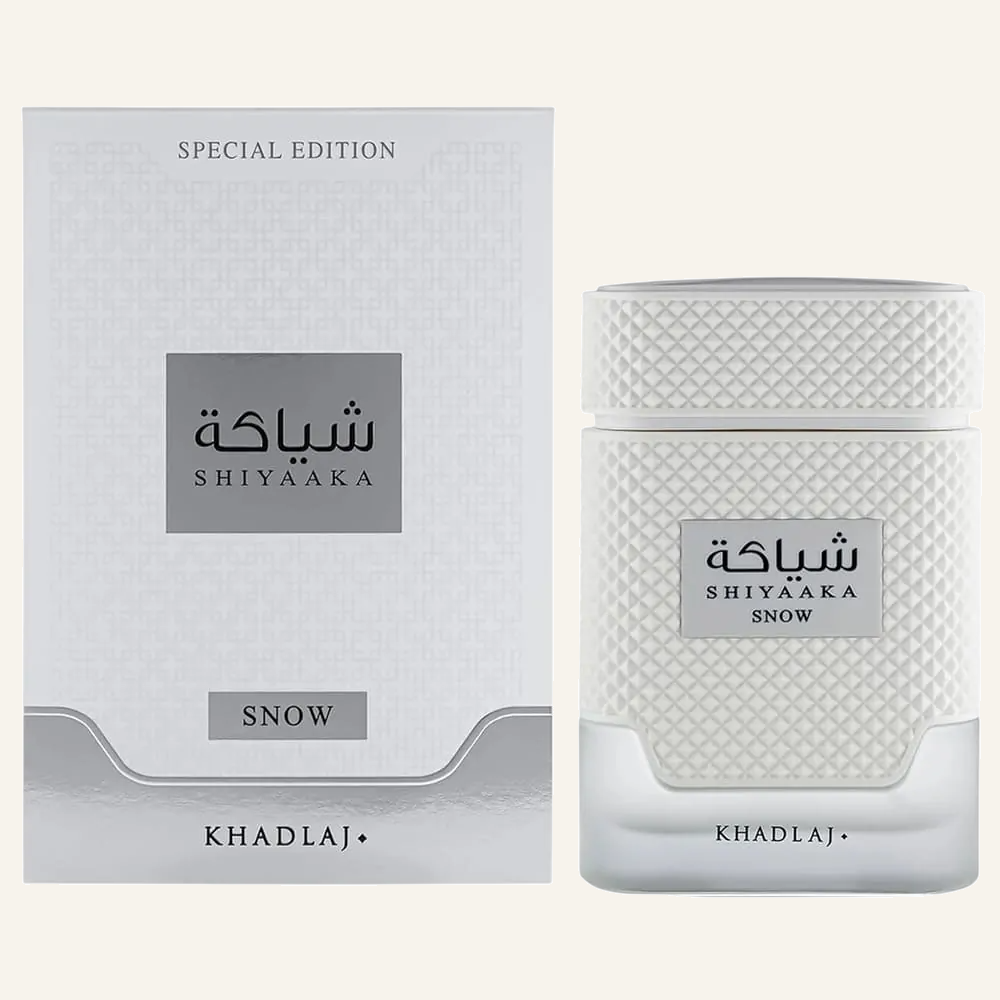 Khadlaj Shiyaaka Snow EDP 100ml with box, Dubai Oud background #f7f3ec