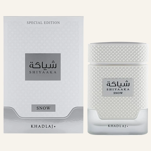 Khadlaj Shiyaaka Snow EDP 100ml with box, Dubai Oud background #f7f3ec