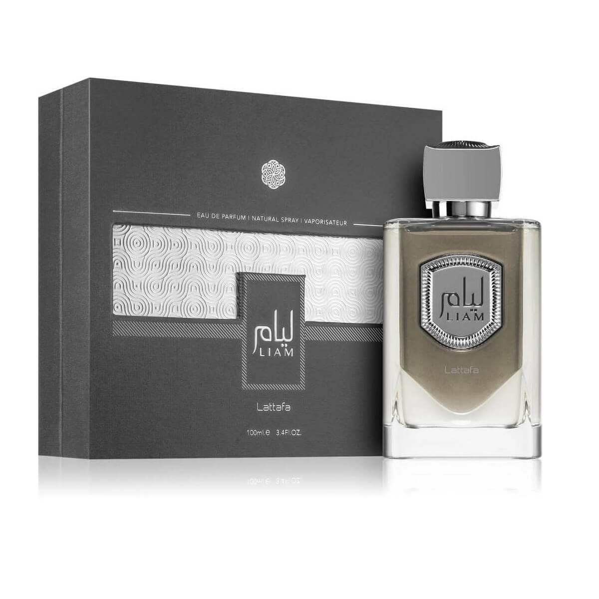 Lattafa Liam Grey Eau de Parfum 100ml bottle and box