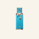 Vulcan Eau de Toilette bottle in a vibrant turquoise blue color, featuring a metallic silver snake wrapped around the neck and a patterned cap, set against a solid cream background.
